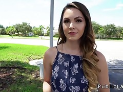 Sexy brunette student bangs in public restroom